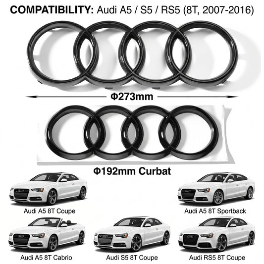 Set embleme Audi A5 8T Sportback, față 273 + spate curbat 192 mm, Negru Lucios