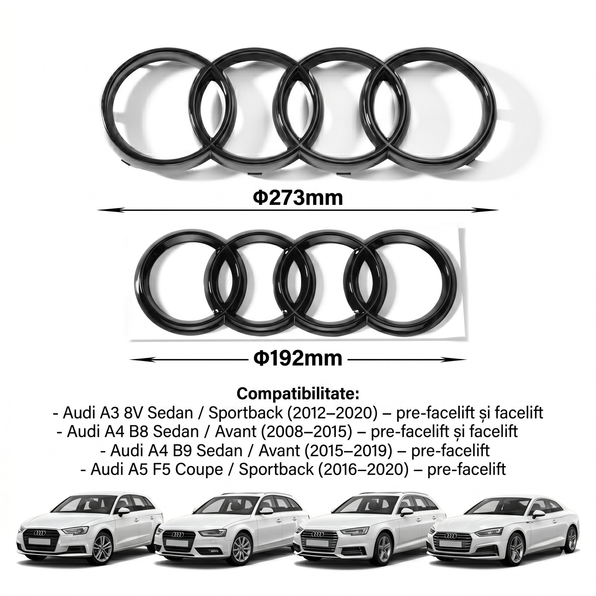 Set embleme Audi A3 8V, A4 B8/B9 Pre-Facelift, A5 8T Coupe/F5 Pre-Facelift, 273+192 mm, Negru Lucios