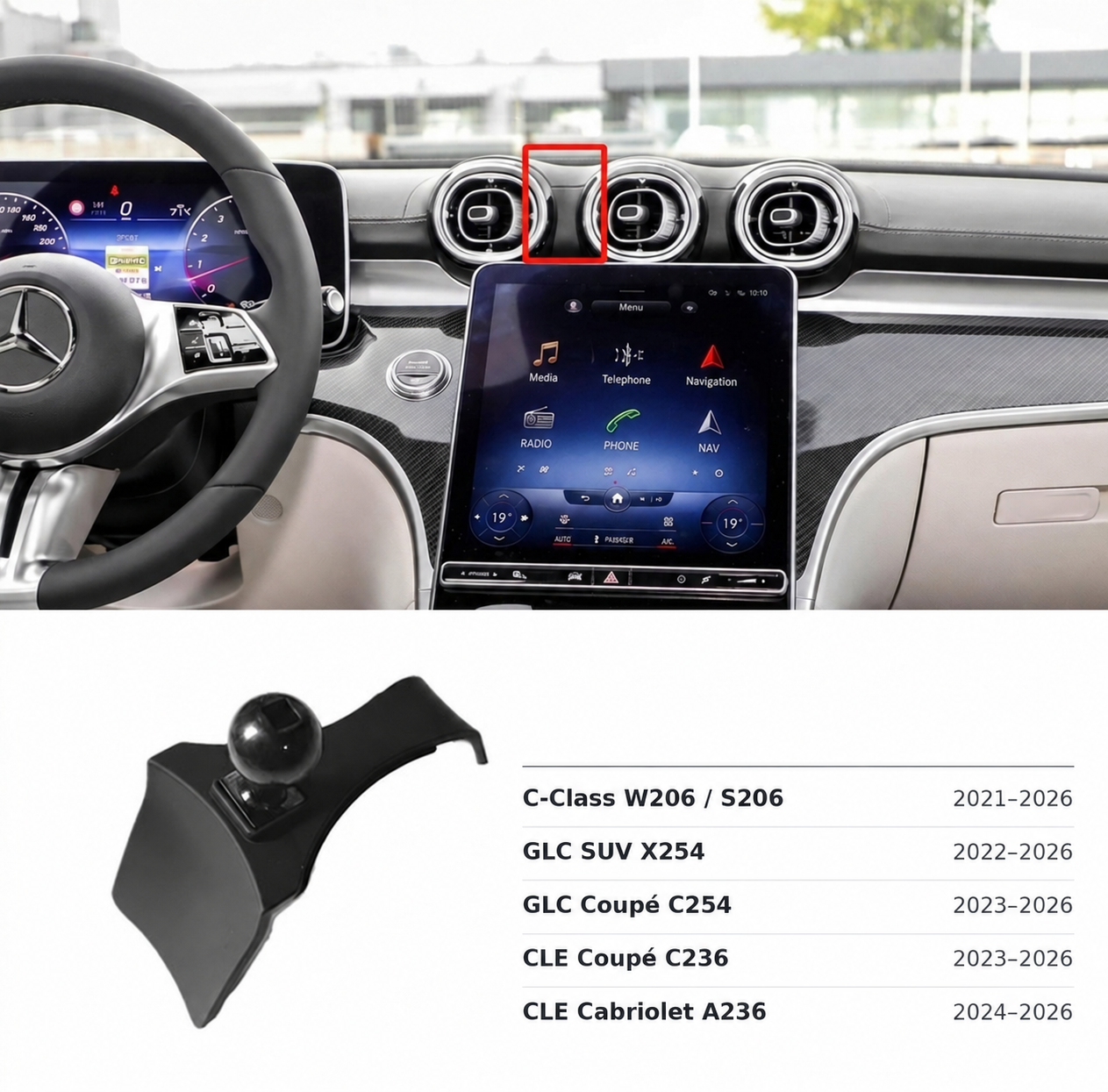 Suport Telefon Auto Magnetic DRT WORKS pentru Mercedes-Benz C-Class W206/S206 2021–2026, GLC X254 2022–2026 / C254 2023–2026, CLE C236 2023–2026 / A236 2024–2026
